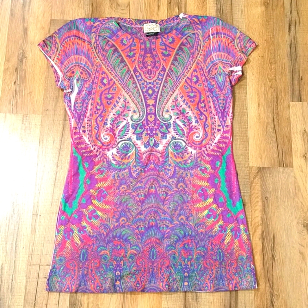 Vibrant Paisley Print Cap Sleeve Women's Top - Pink & Purple
